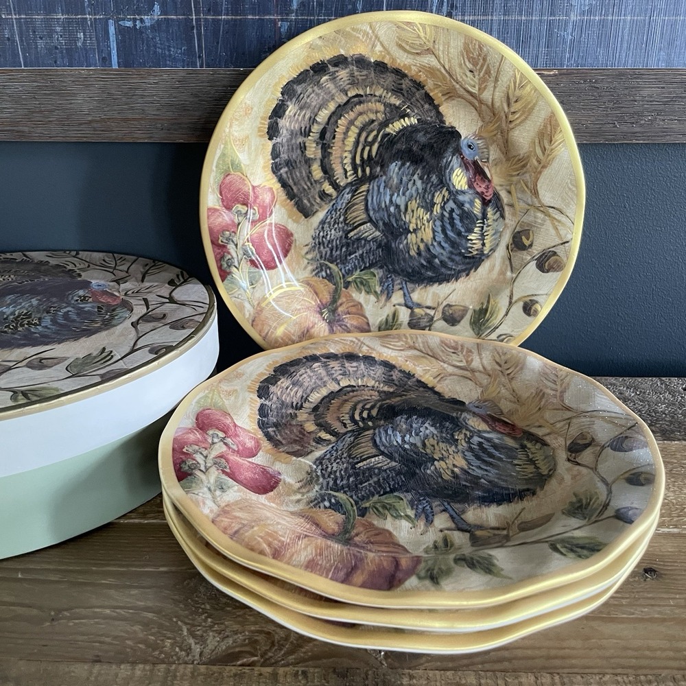 POTTERY BARN Fresco Turkey Salad Plates Set of 4 Thanksgiving Fall Ceramic NIB